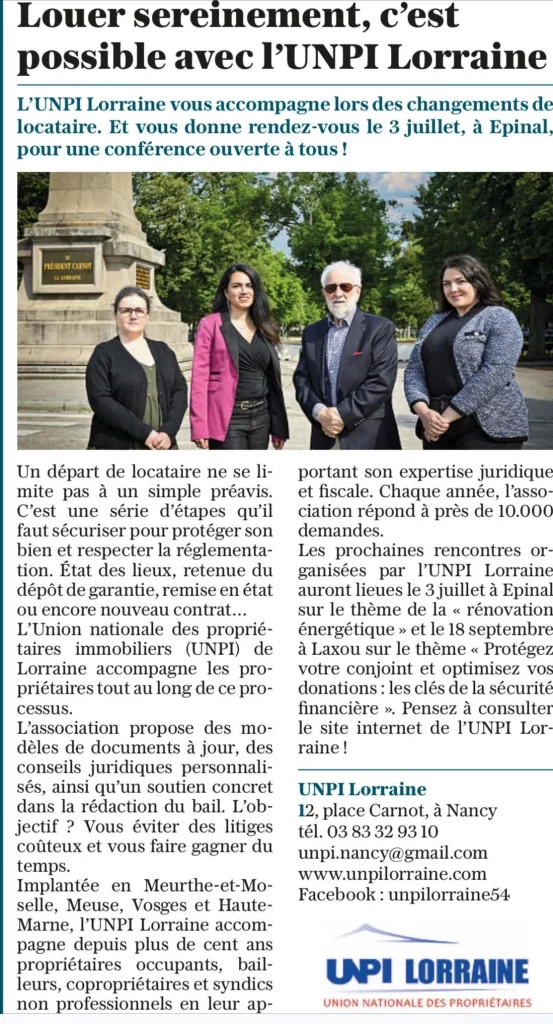 Propriétaires sécurisez vos locations avec l’UNPI Lorraine - 13 juin Epinal 3 juillet